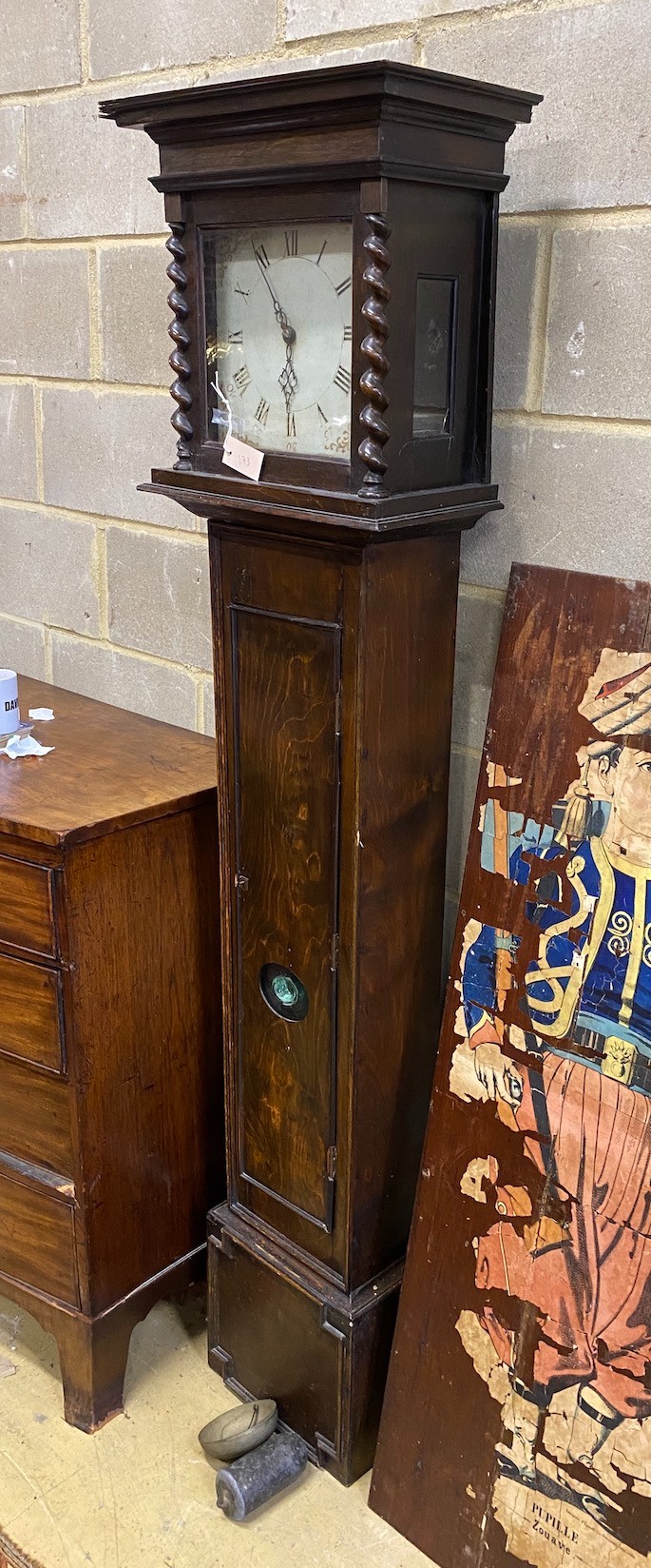 An early 19th century 30 hour longcase clock, later oak cased, height 192cm